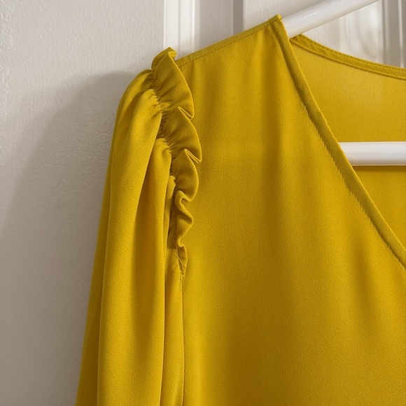 LOFT Golden Yellow Longsleeve V-neck, Ruffle at Shoulder, Blouse. EUC - Picture 5 of 8